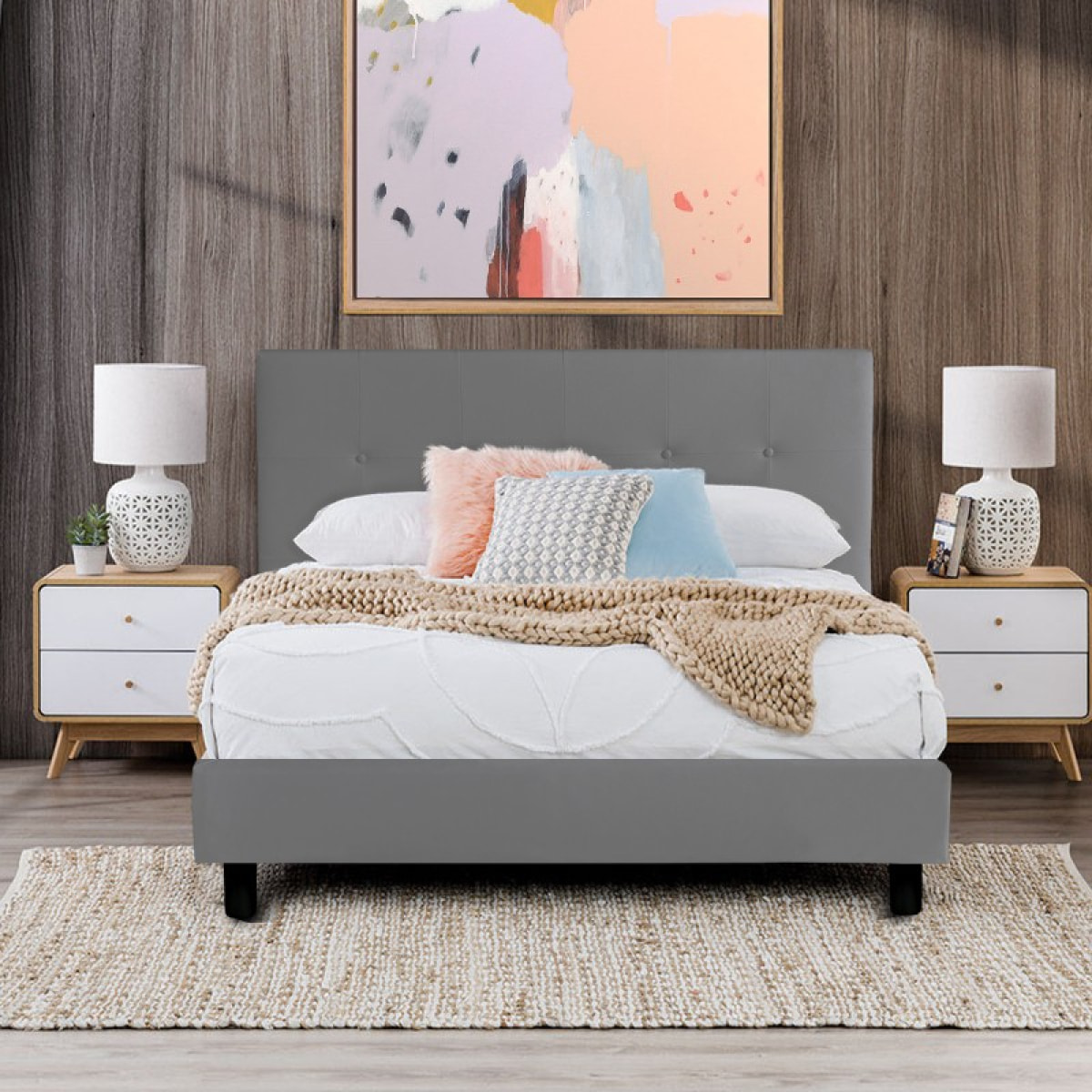 Lit Venise Simili Cuir Gris + Matelas Memoire de Forme | Confort optimal | Design et qualité