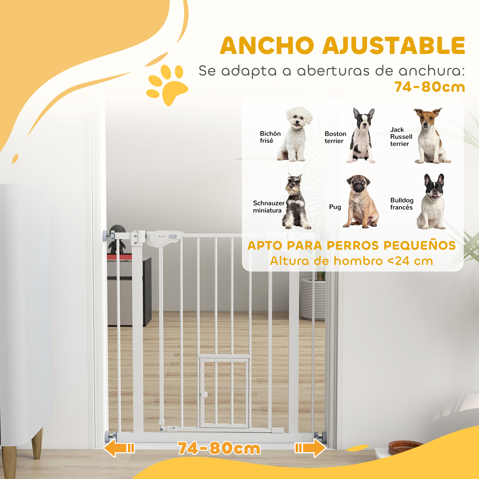 Barrera de Seguridad Perros Escaleras Puertas 74-80 cm con Puerta Altura 76,2 cm