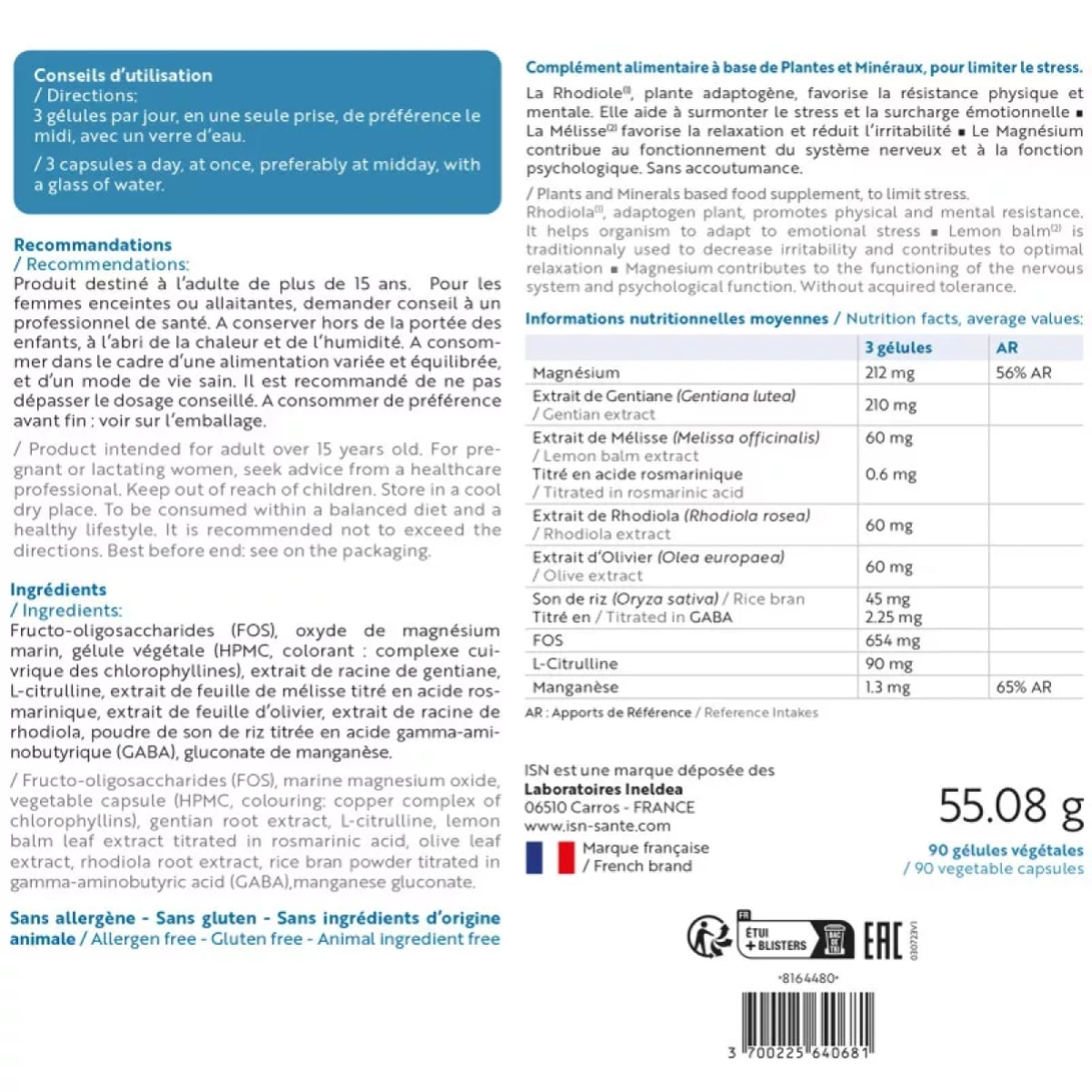 Ineldea Santé Naturelle - Zenaxyl - Complément alimentaire naturel - Aide à surmonter le stress et la fatigue - Sans gluten - Sans allergène - Sans OGM - Cure de 30 j - 90 gélules