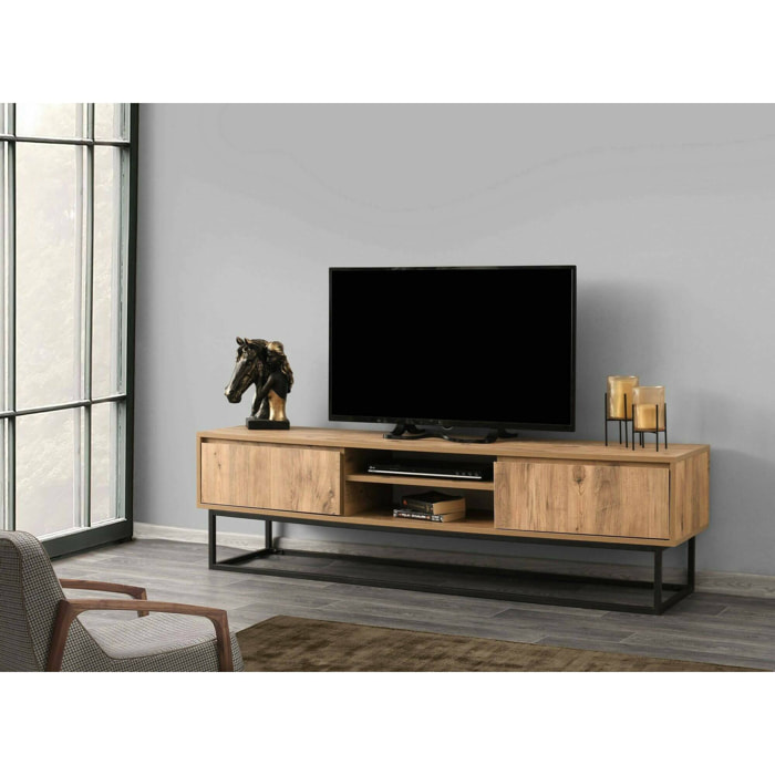 Mobile porta TV Kira, Credenza da soggiorno, Armadio basso per TV, Base parete attrezzata, 180x40h50 cm, Nero e Quercia