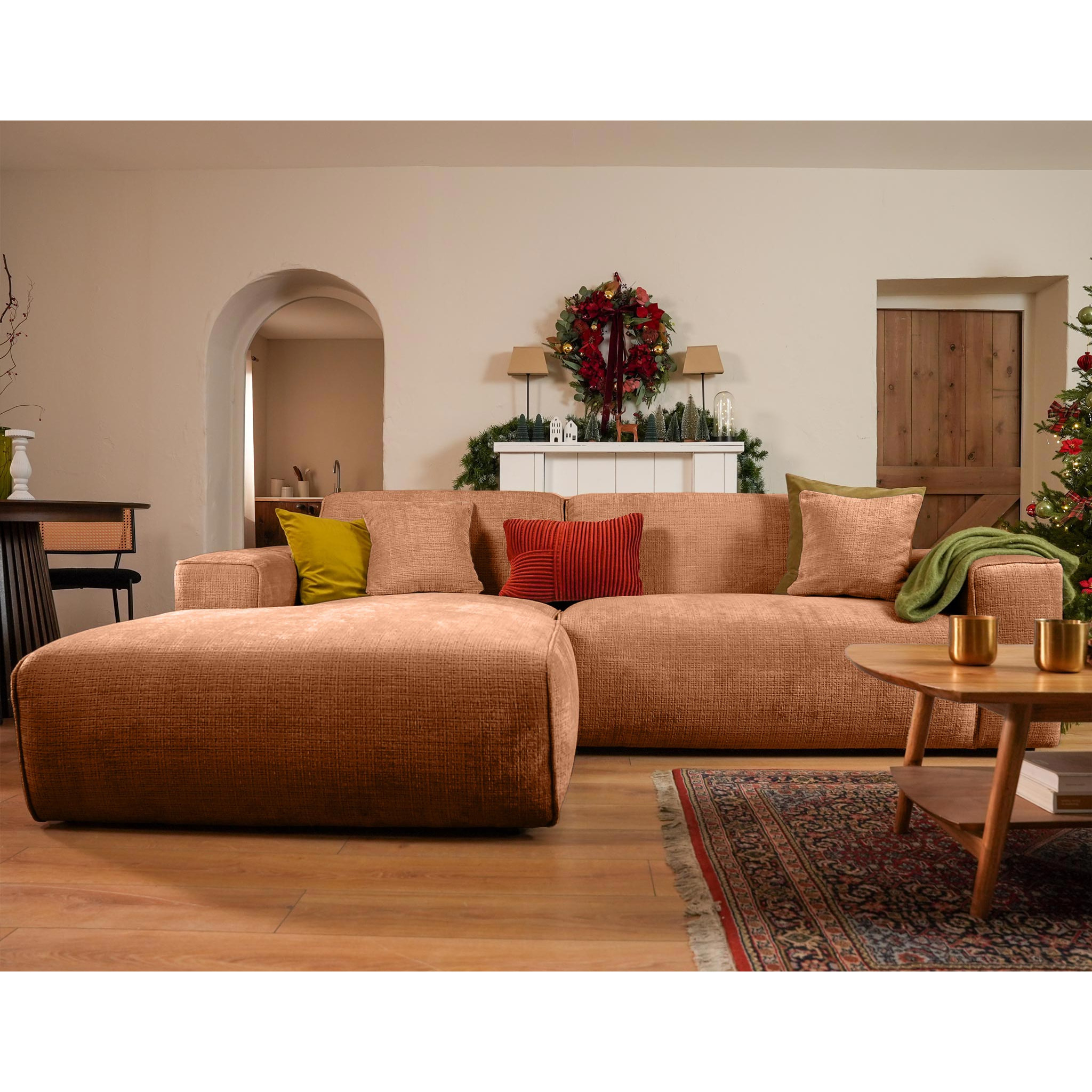 Lison - Canapé d'angle gauche 4 places en velours texturé - Terracotta
