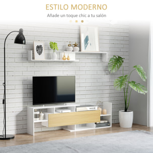 HOMCOM Mueble de Salón para TV Conjunto Muebles de TV con Mesa para Televisor 153,6x25x42 cm y Estante de Pared 150x14,5x16,3 cm Blanco y Natural