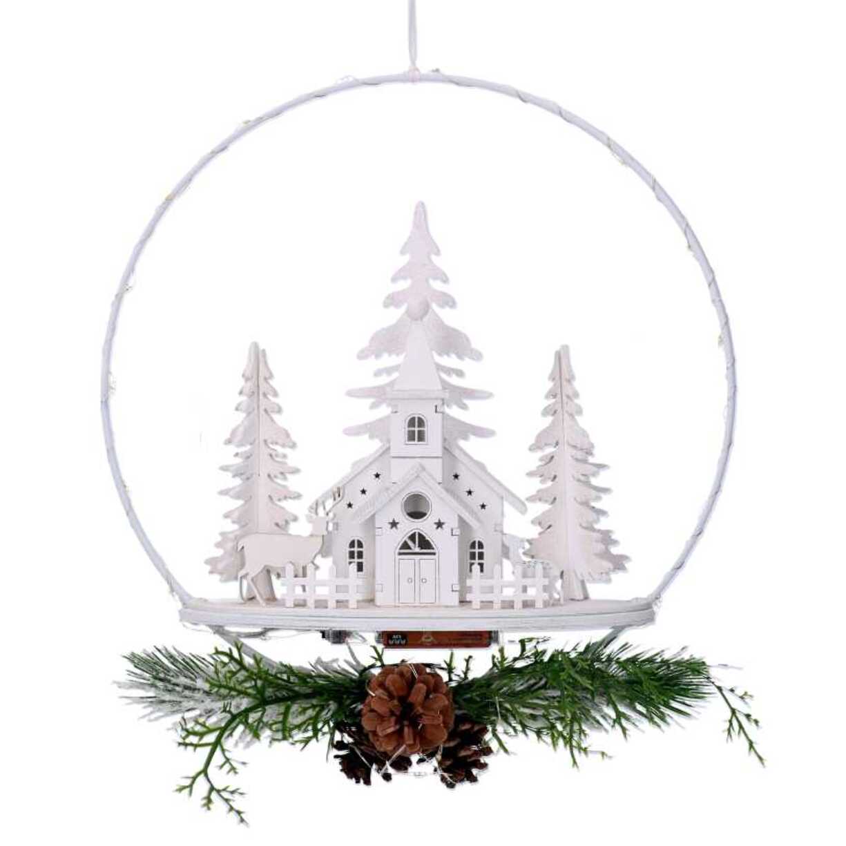 Ghirlanda metallo con led con chiesa biancocm25x7x47,5