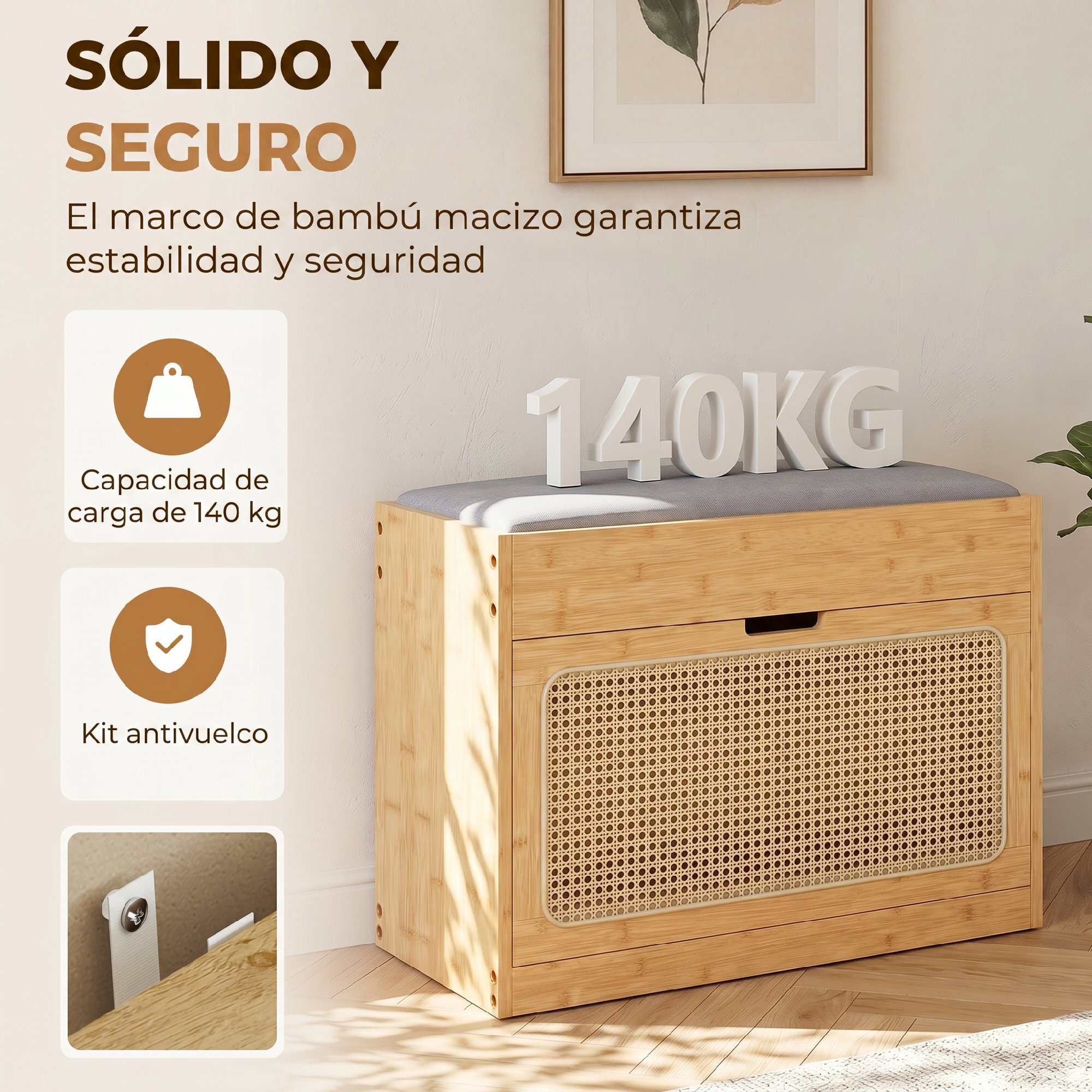 Banco Zapatero, Banco Recibidor con Asiento Acolchado, Cajón Abatible, Puerta de Ratán, Estante Ajustable, para Entrada, Pasillo, Salón, 63x29x48 cm, Natural y Gris