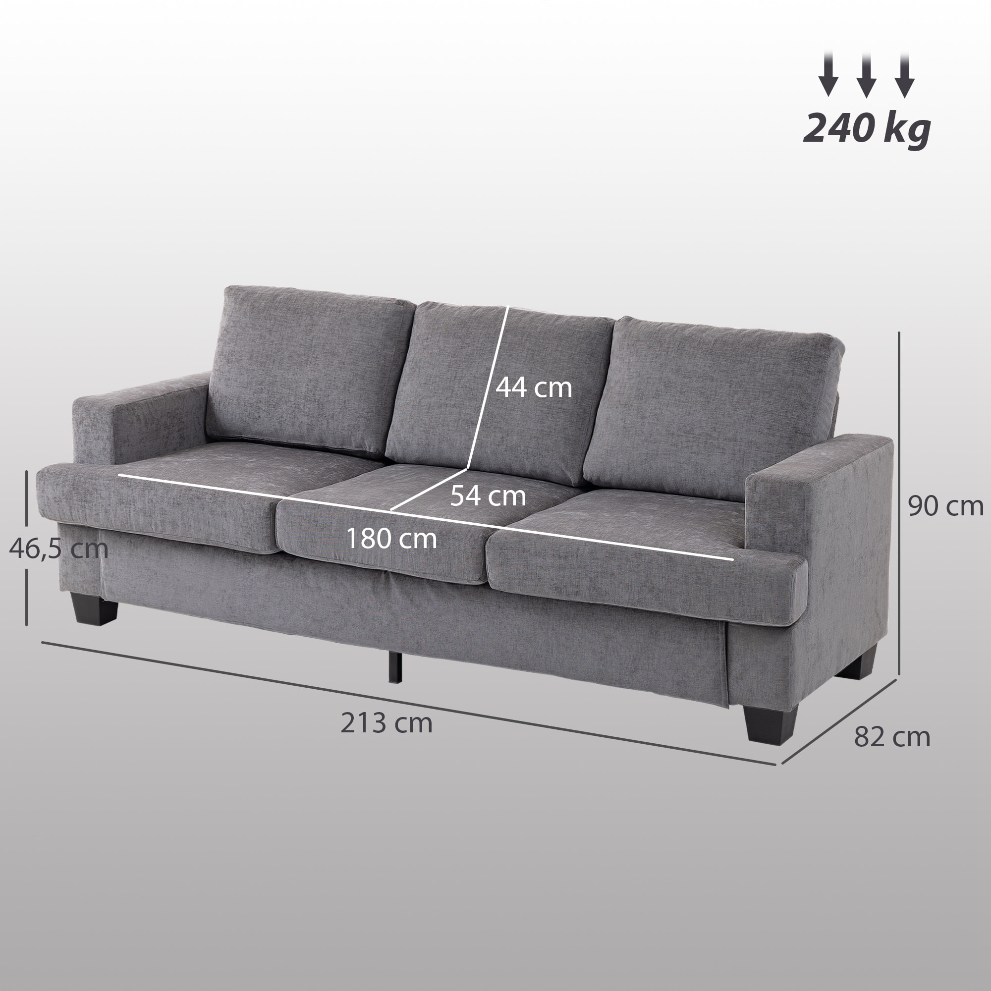 Sofá de 3 Plazas Sofá de Salón 213x82x90 cm Tapizado en Chenilla Acolchado Grueso Estructura de Acero Diseño Moderno para Sala de Estar Dormitorio Gris