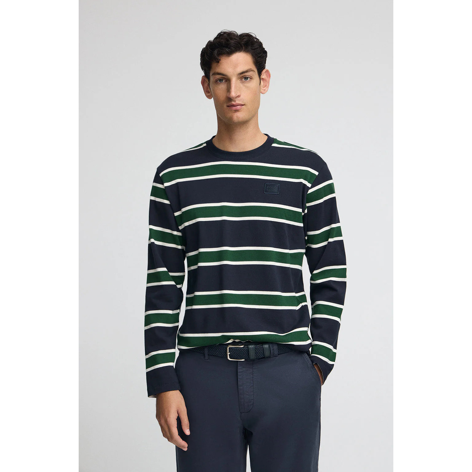 Maglietta Carter a righe blu marino e verde bottiglia con toppa personalizzata Polo Club