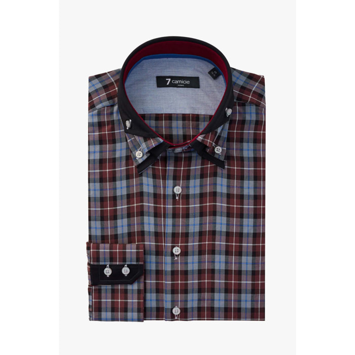 Camicia Uomo 2 Bottoni Button Down Triplo Collo Slim Twill Quadro Grande Bordeaux/Nero