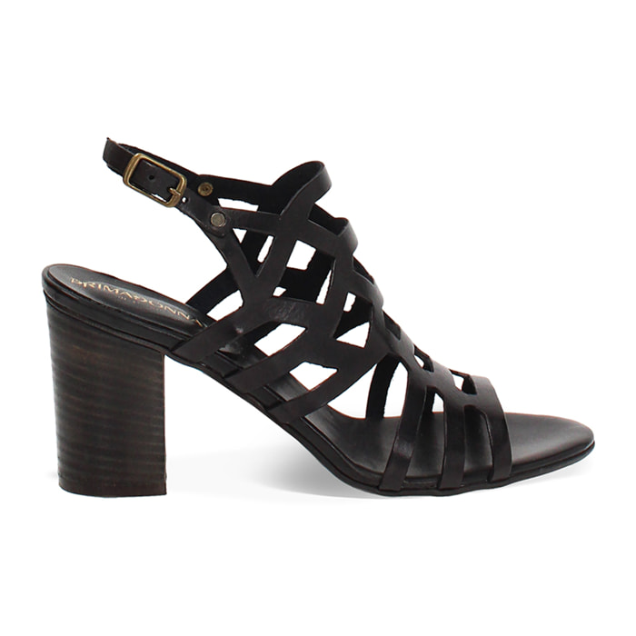 Sandalo donna nero in vacchetta, tacco largo 7,5 cm