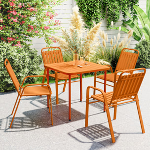 Salon de jardin extérieur 4 places 5 pièces - chaises empilables - plateau effet bois acier orange