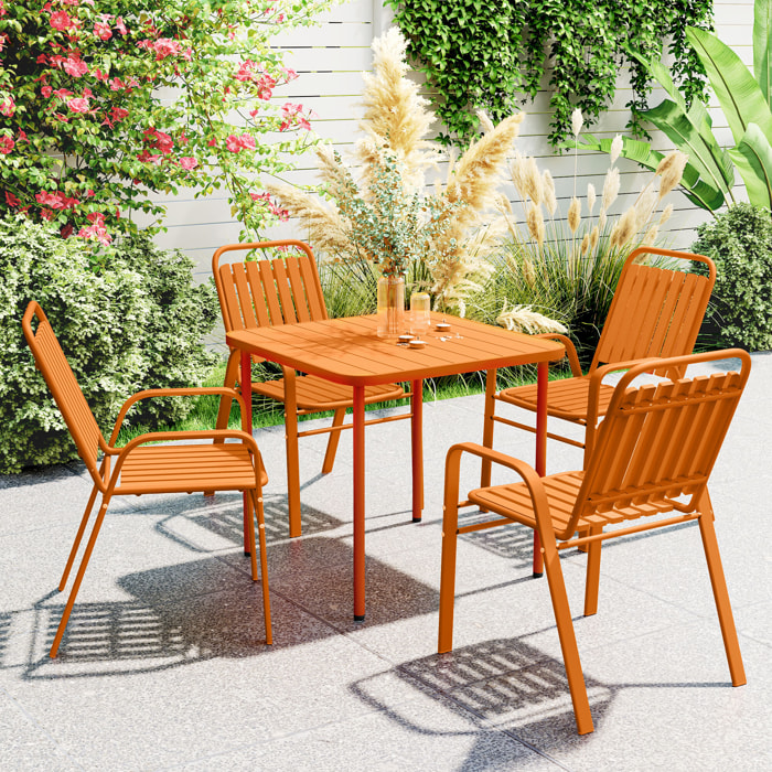 Salon de jardin extérieur 4 places 5 pièces - chaises empilables - plateau effet bois acier orange