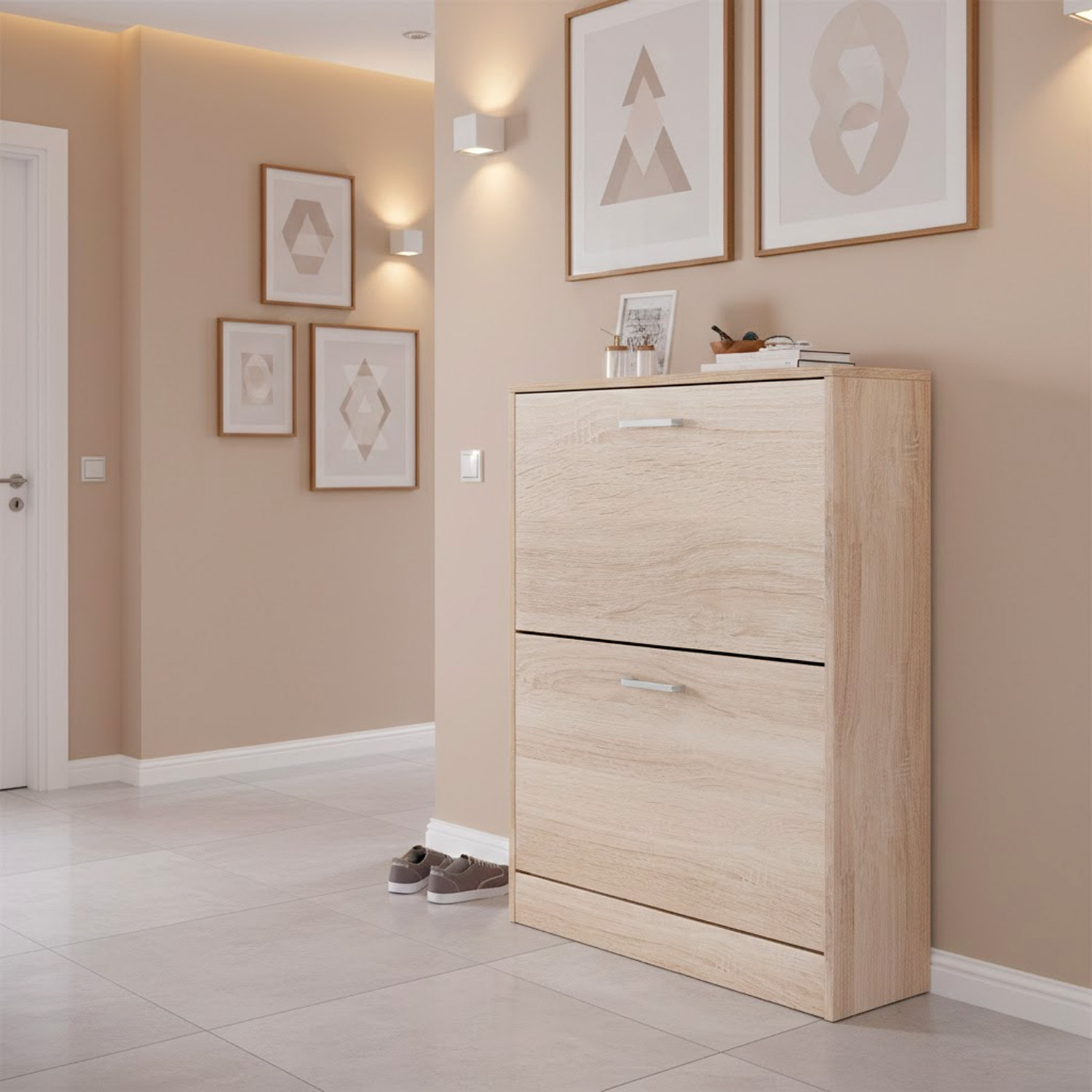 Scarpiera A 2 Ribalte Salvaspazio Con Doppia Profondità Mobile Portascarpe Per Ingresso Corridoio Contiene 12 Paia Di Scarpe 76 x 50 x 22 Cm Rovere