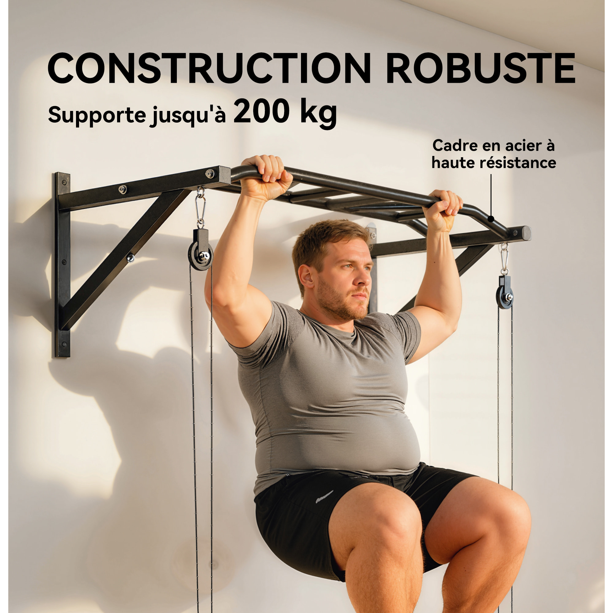 Barre de traction murale multi-prise avec accessoires et kit complet installation max. 200 Kg acier noir