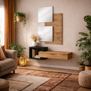 Set Ingresso Moderno Con Specchi Pensile A Giorno Mensola Con Cassetto Salvaspazio Mobile Da Parete 100 x 160 x 30 Cm Nero E Rovere