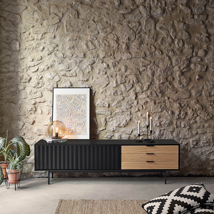 Mueble de televisión Sierra 2 puertas y 3 cajones negro y roble