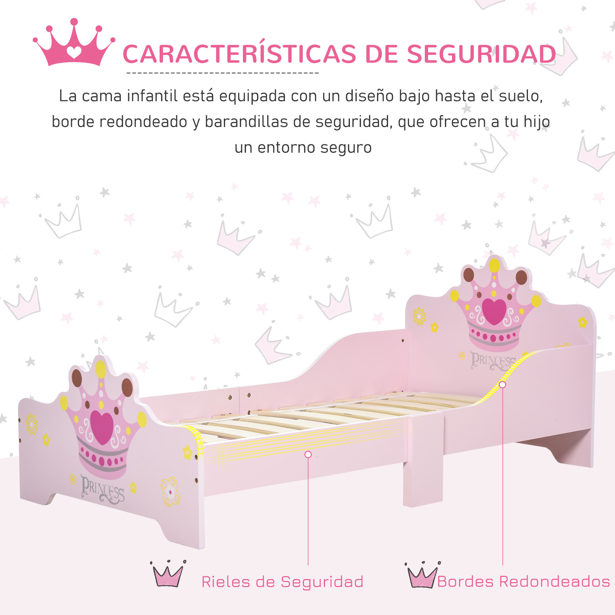 Cama para Niños de +3 Años 143x73x60 cm Cama Infantil de Madera con Estampado de Corona Carga 50 kg para Dormitorio Rosa