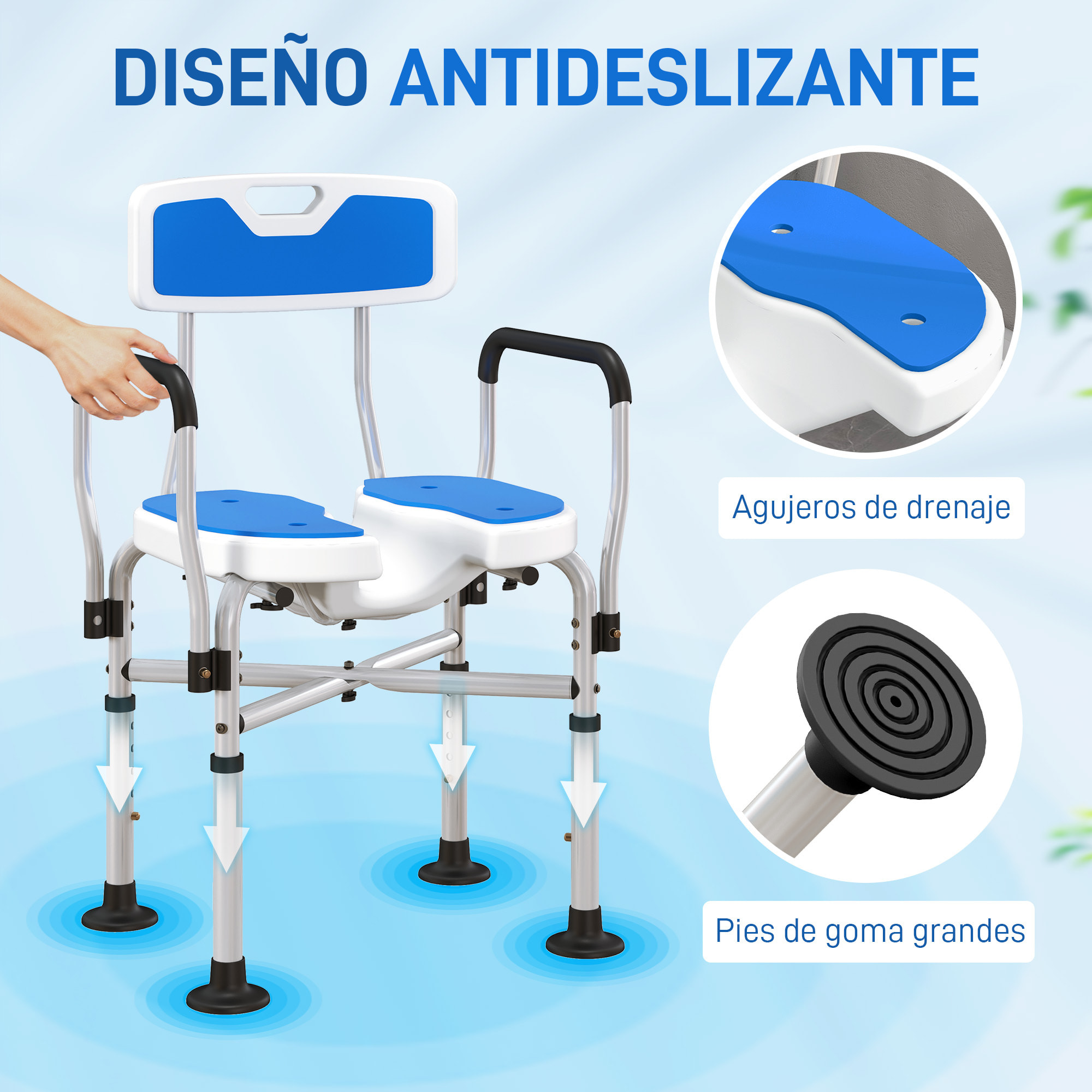 Silla Ducha Personas Mayores Silla de Ducha con Asiento Ranurado Altura Regulable Taburete de Ducha Antideslizante con Respaldo y Reposabrazos Carga 136 kg para Discapacitados Azul