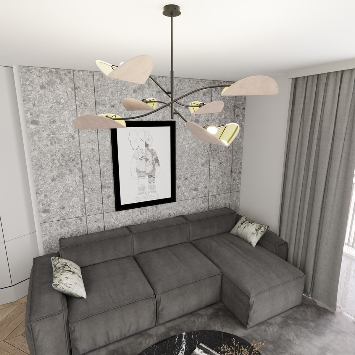 Lampada a sospensione Lotus in acciaio nero e velluto grigio