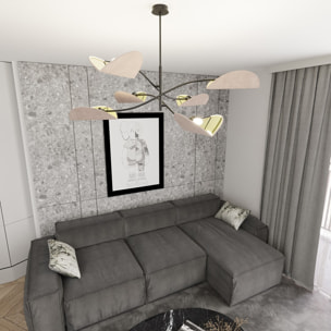Lampada a sospensione Lotus in acciaio nero e velluto grigio