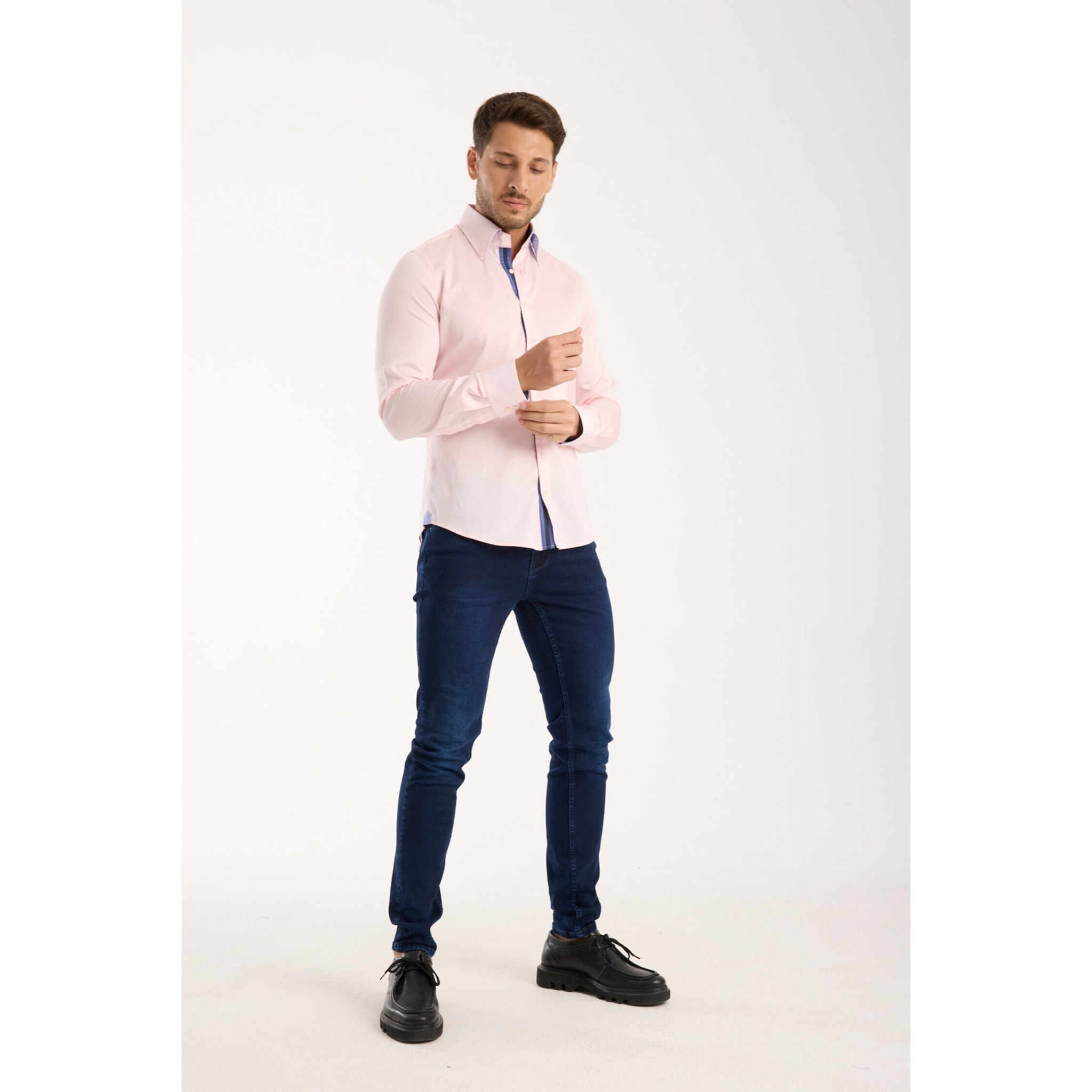 Camicia Uomo 2 Bottoni Button Down Slim Satin Unito Rosa