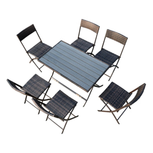Ensemble salon de jardin 6 personnes grande table rectangulaire pliable + 6 chaises pliantes métal résine tressée PS chocolat