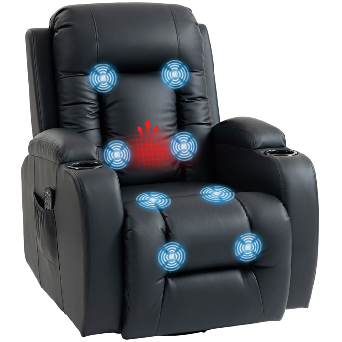 Sillón de Masaje Giratorio, Sillón Relax Reclinable con 8 Puntos de Masaje, Función Calefacción Lumbar, Mando a Distancia, Tapizado en PU, Reposapiés, Bolsillo Lateral, Función Basculante Negro