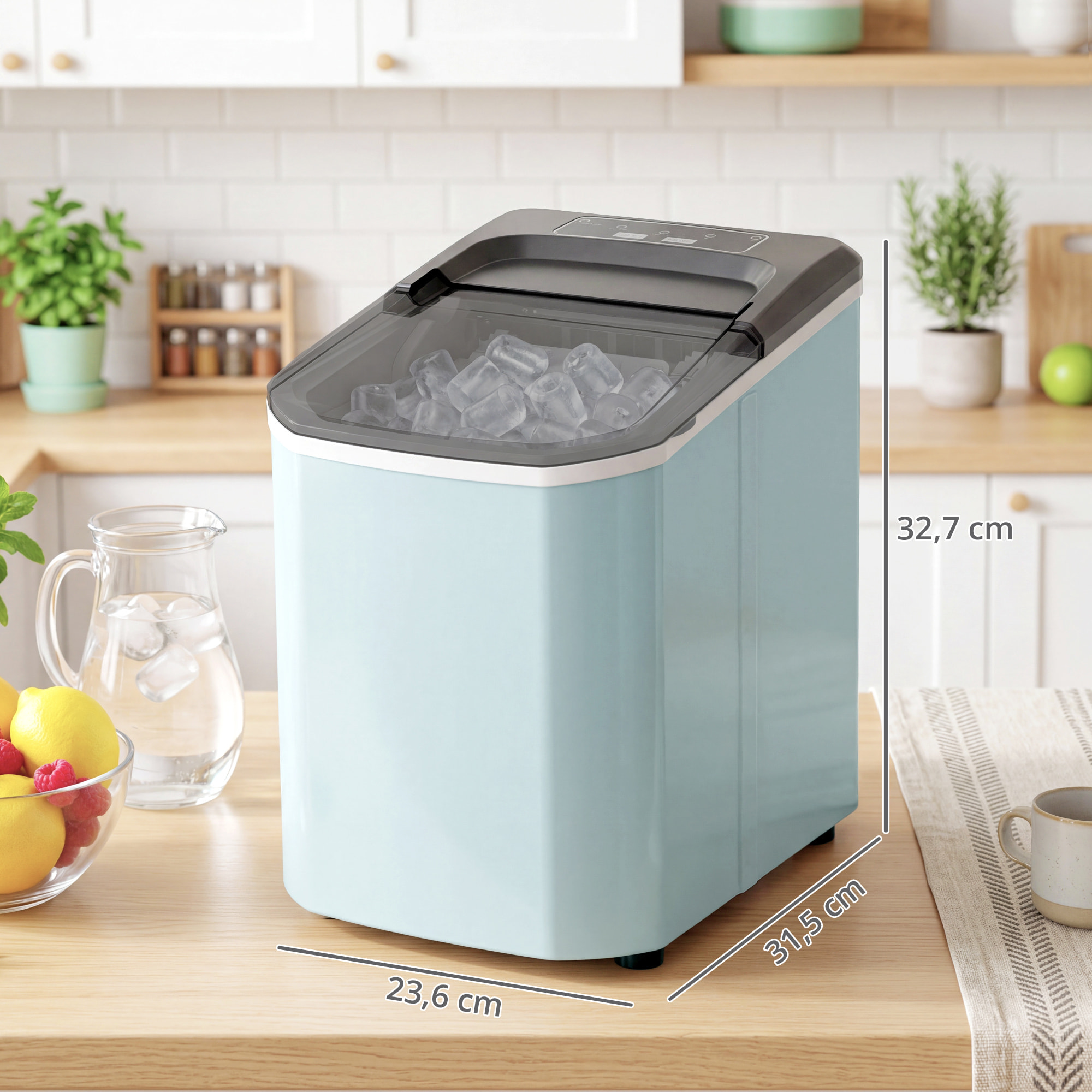 Máquina de Hielo, Máquina de Cubitos de Hielo Autolimpiable, 12 kg/24H, 9 Cubitos Listos en 7 Minutos, 2 Tamaños de Hielo, 1,5L Depósito, para Hogar, Cocina, Oficina, Bar, Azul