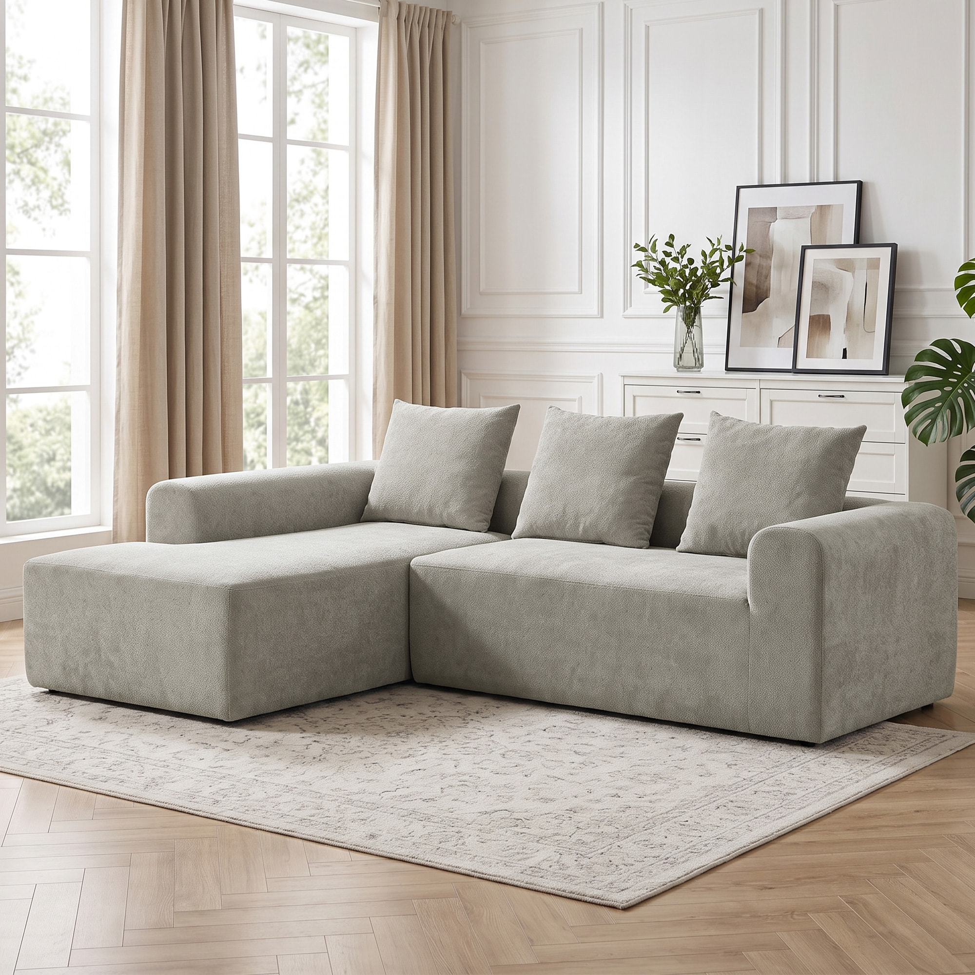 Canapé d'angle design arrondi 3 places larges accoudoirs 3 coussins tissu chenille gris clair