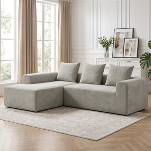 Canapé d'angle design arrondi 3 places larges accoudoirs 3 coussins tissu chenille gris clair