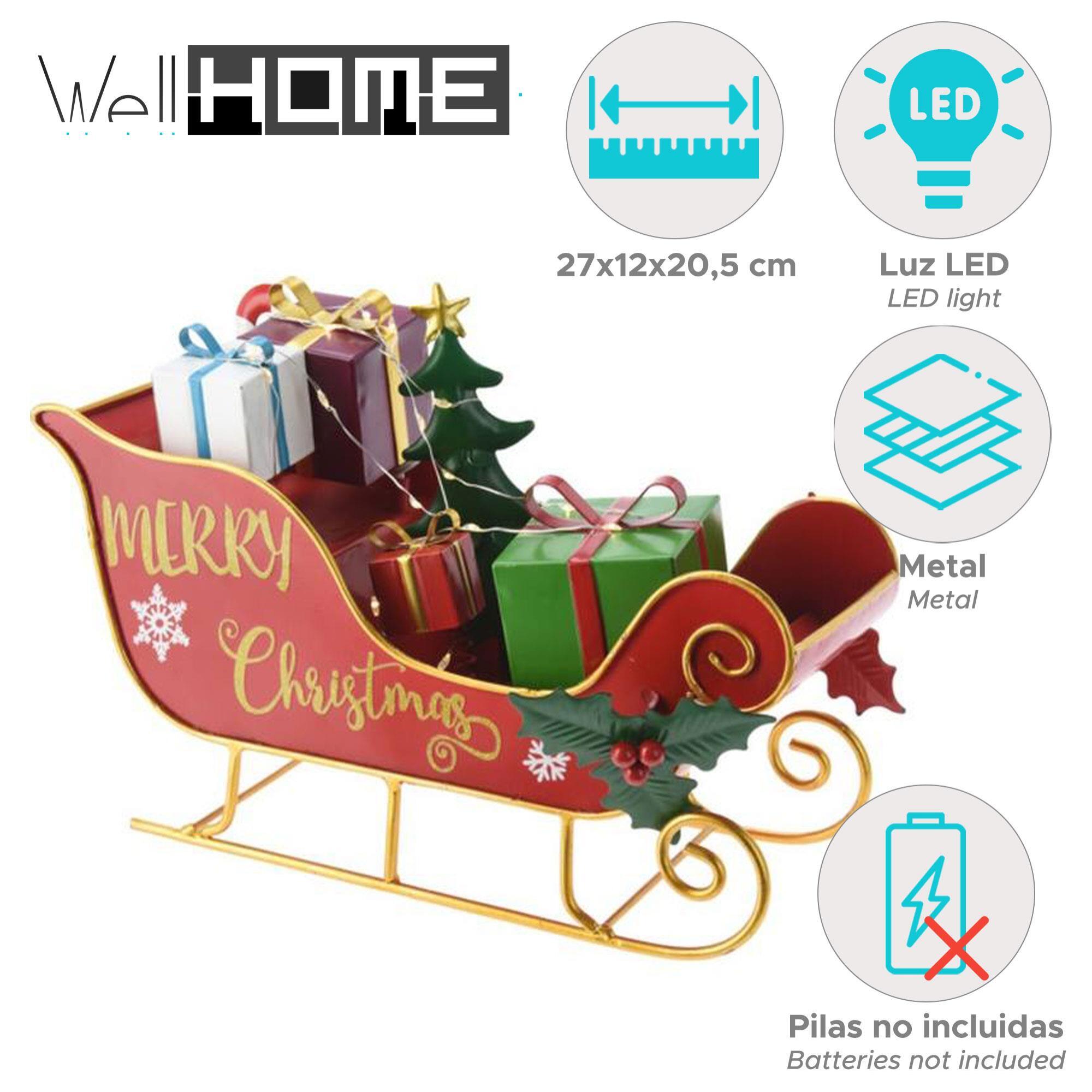 Figura decorativa de trineo con regalos de metal y luces led