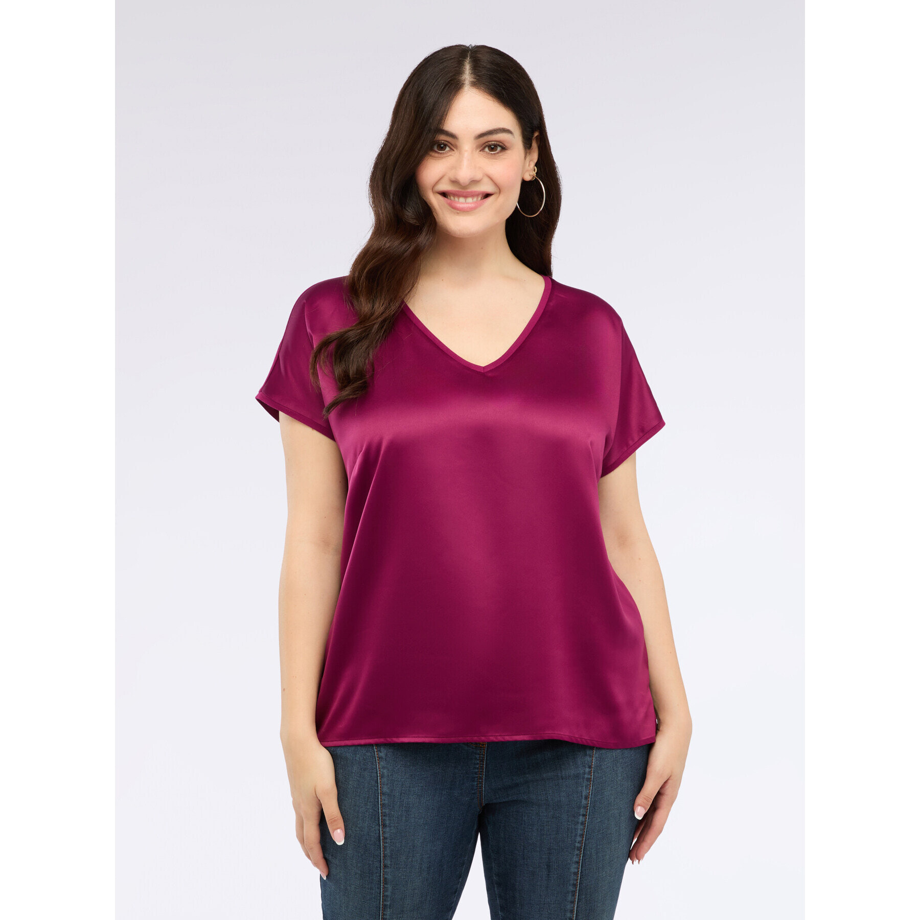 Fiorella Rubino - Camiseta bimatérica con escote en V - Burgundy