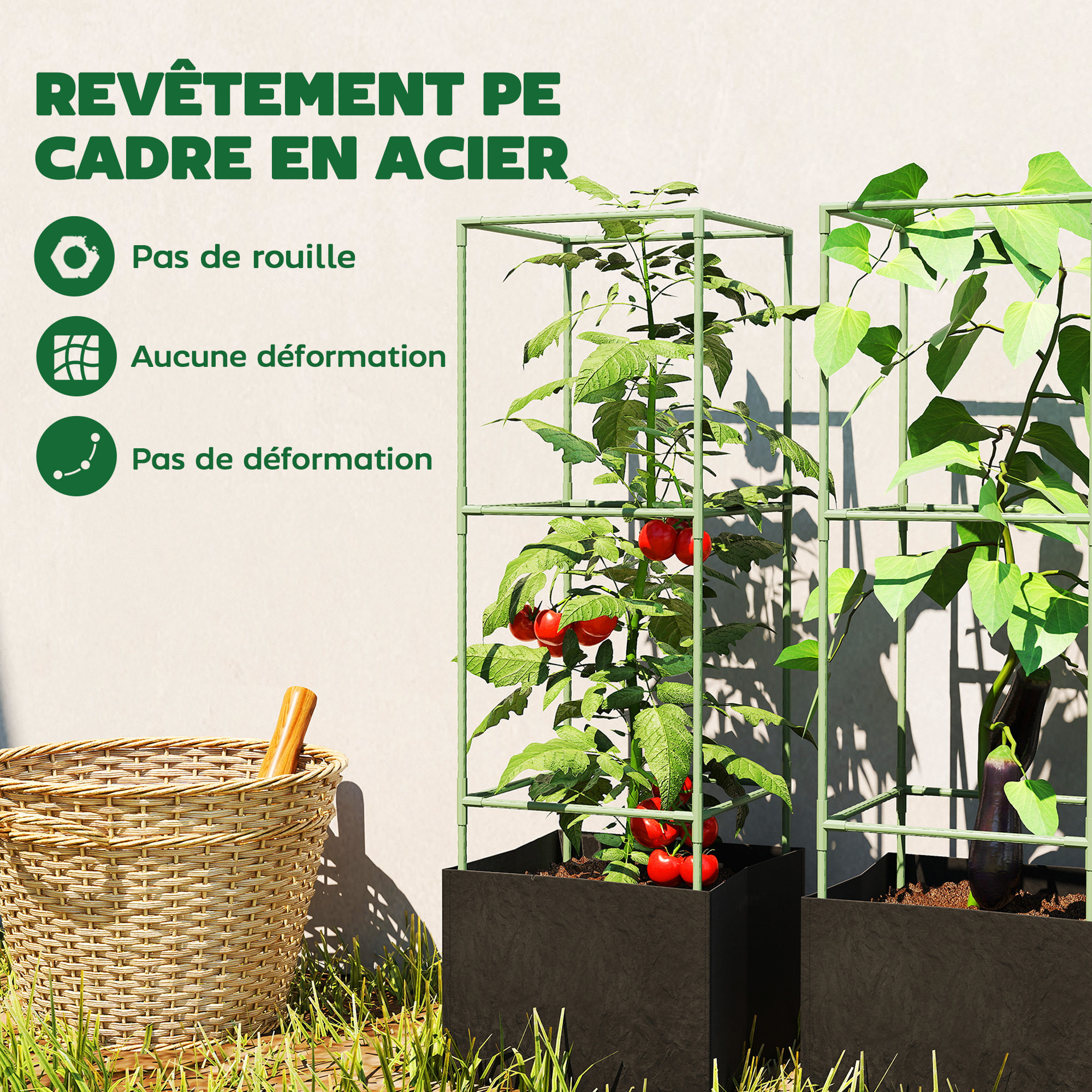 Cages à tomates tuteurs modulables - lot de 3 - non tissé noir acier thermolaqué vert