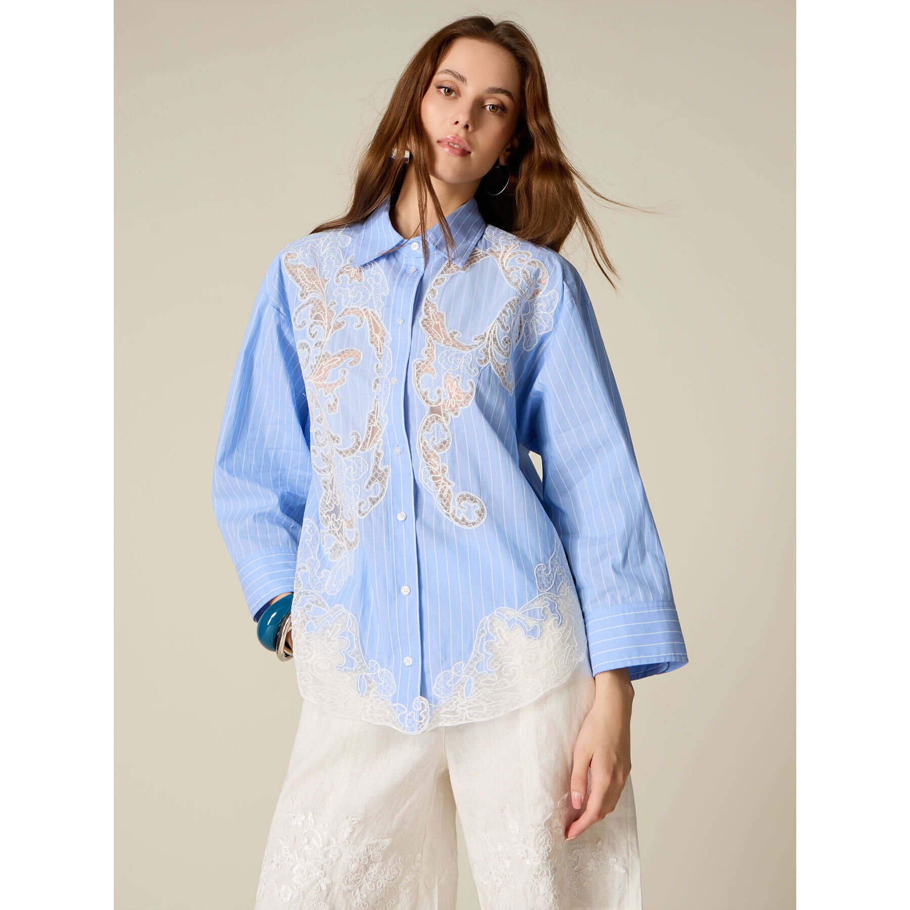 Oltre - Camisa con incrustaciones de encaje - Light - blue