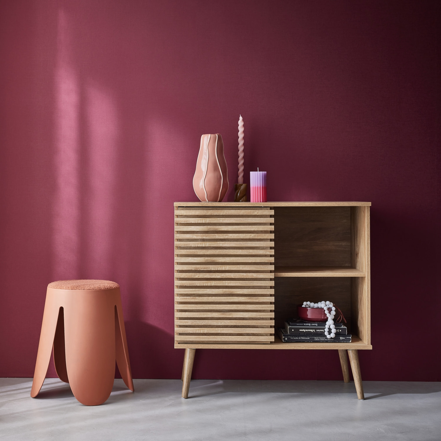 Buffet scandinave décor bois rainuré 1 porte coulissante 80cm MADERE