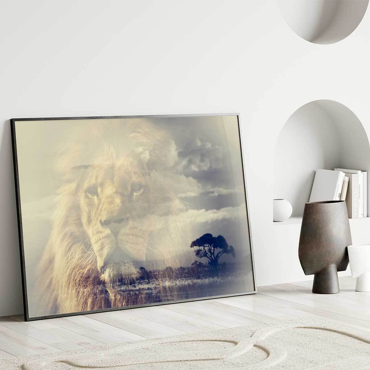 Affiche encadrée lion majestueux en double exposition Affiche + cadre en métal - Noir