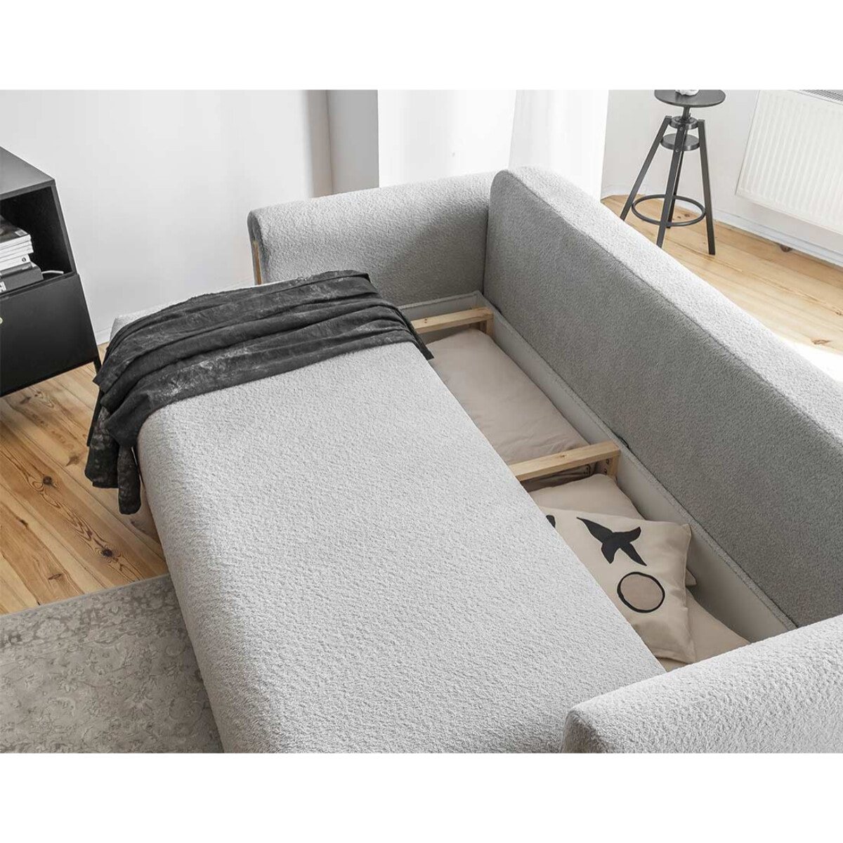 Glendale - canapé droit 3 places - convertible avec coffre - en tissu bouclette - Gris