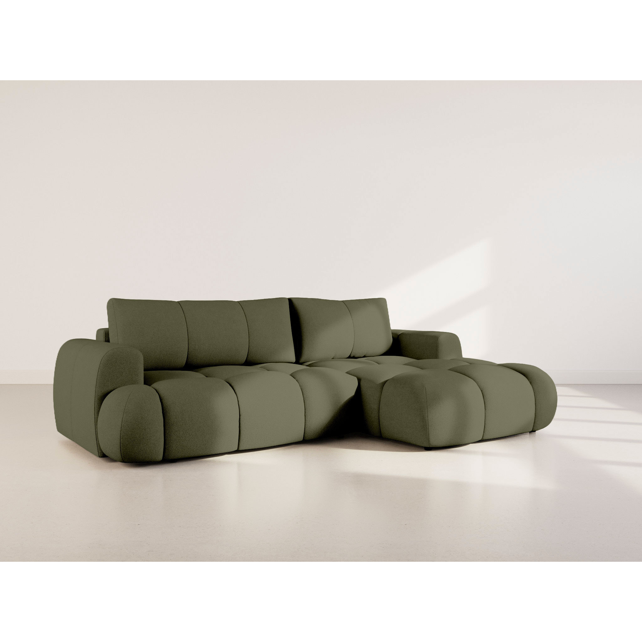 Yulin - Canapé d'angle droit 4 places convertible avec coffre en tissu bouclette - Vert