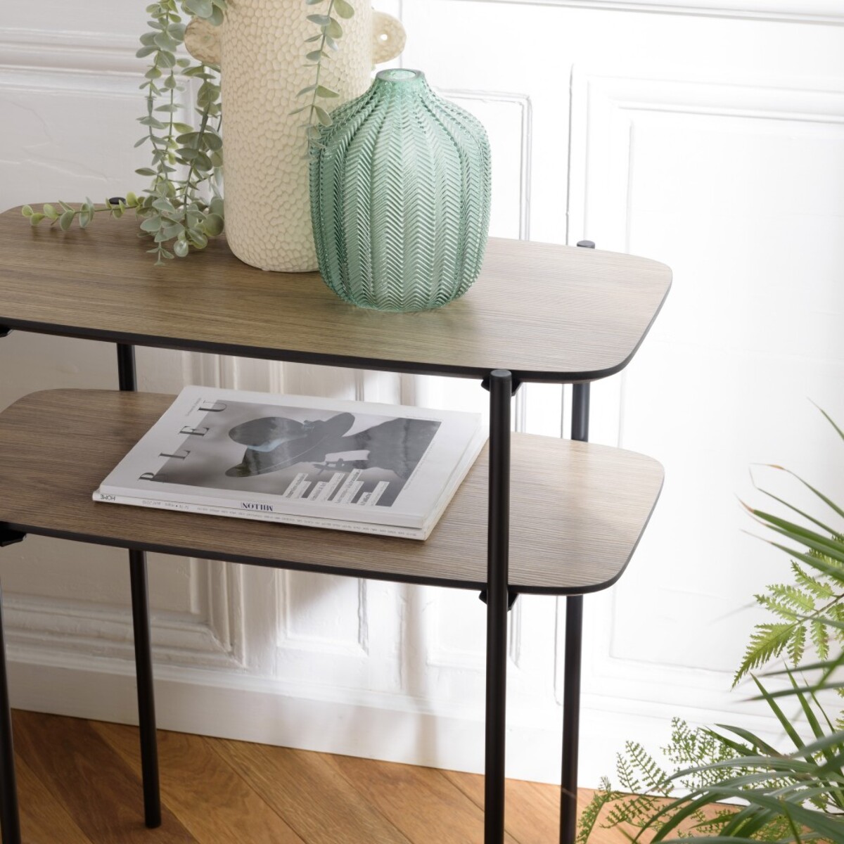 JULIA - Table d'appoint double plateau couleur mocha pieds métal noir