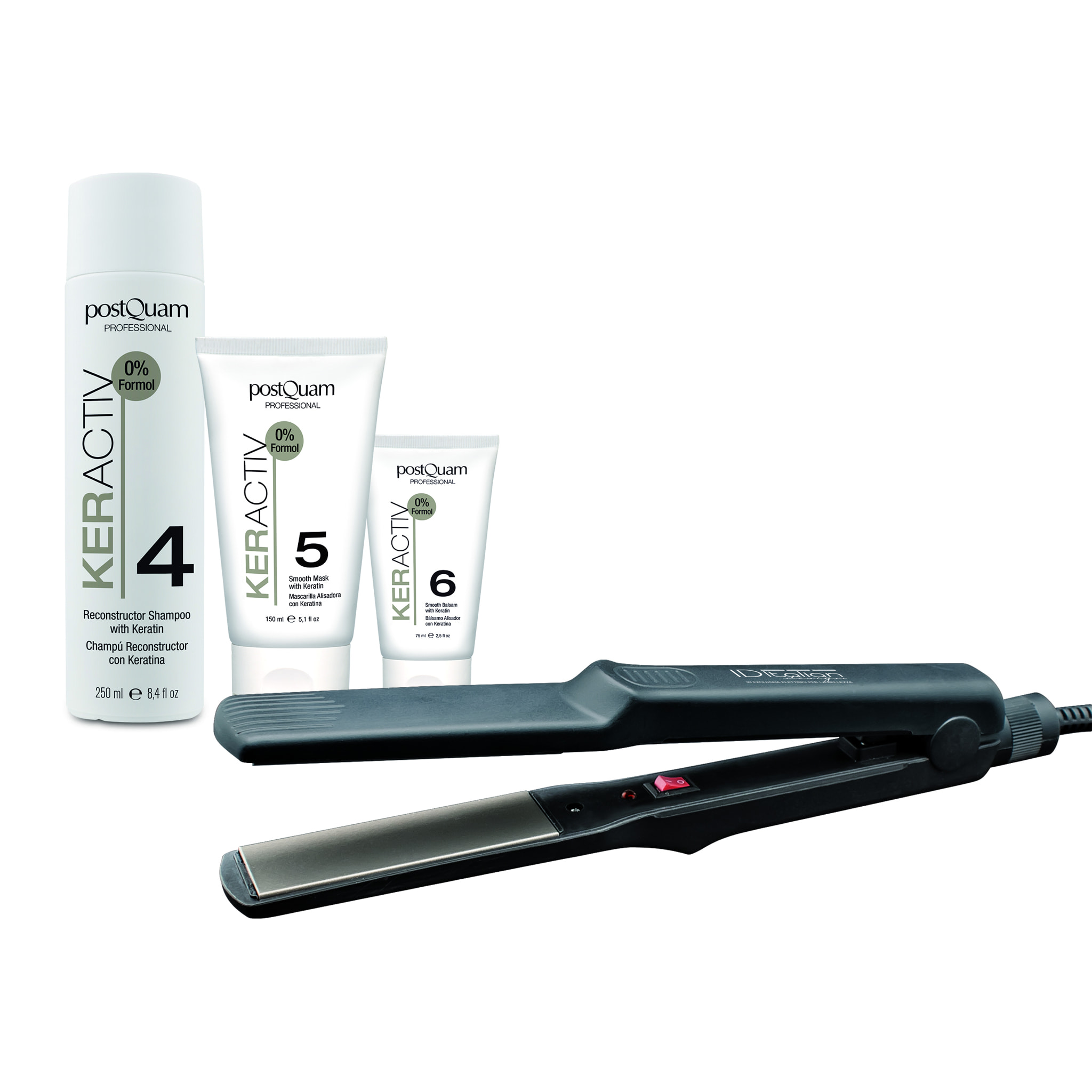 Pack entretien du cheveu à base de kératine : shampoing reconstituant · baume lissant · masque lissant · lisseur ceraliss pro styler offert inclus