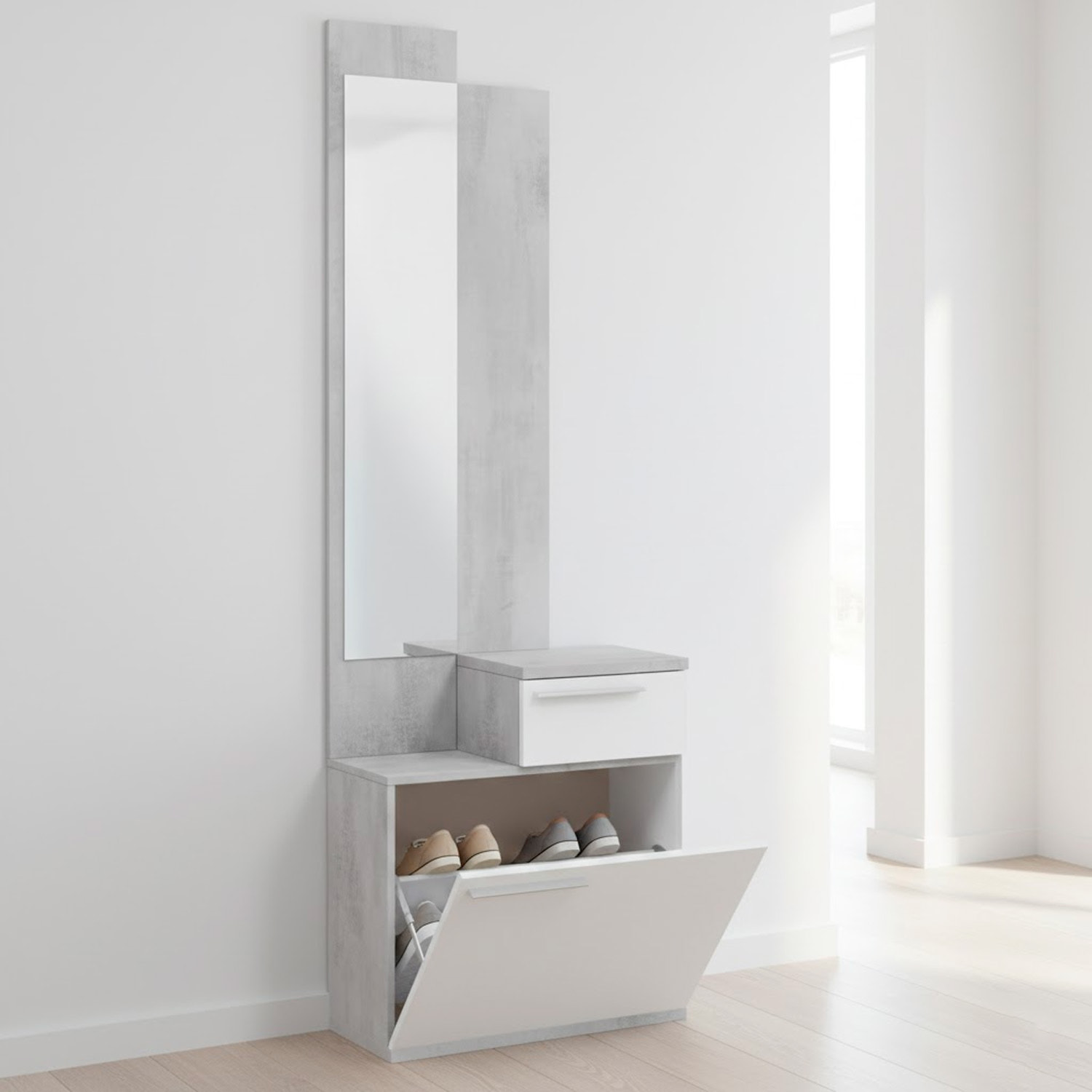 Mobile Da Ingresso Set Con Specchio E Scarpiera a Ribalta Mobile Salvaspazio Con Cassetto e Ripiani Per Ingresso 61x28x185 Cm Bianco E Grigio Cemento