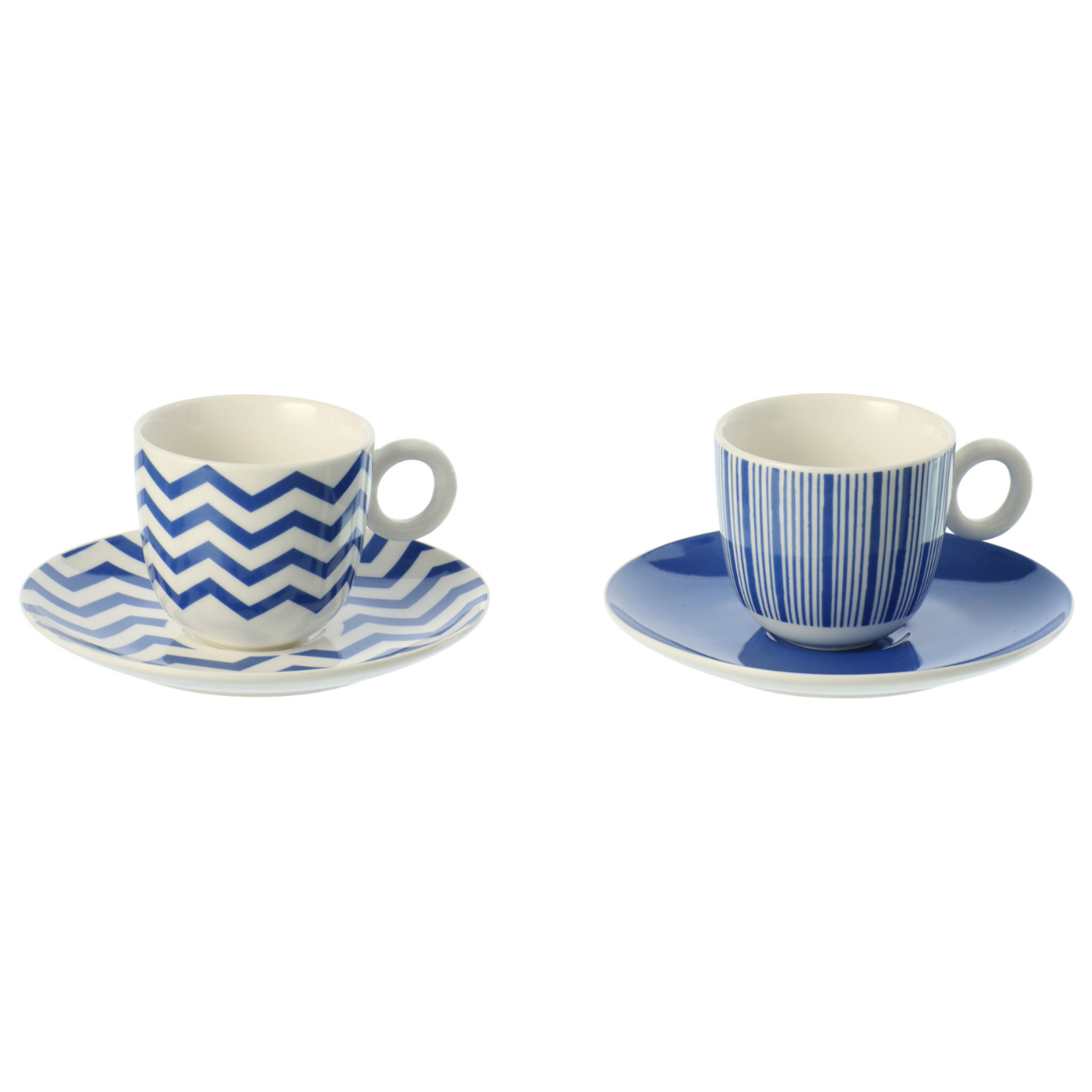 J-Line Tasse + Sous-tasse Ligné - porcelaine - bleu/blanc - small - set de 2
