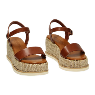 Zeppe marroni, platform rafia 6,5 cm