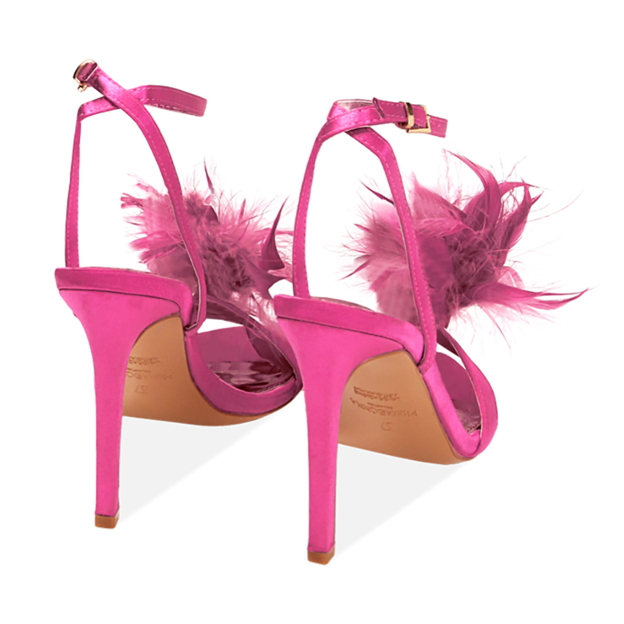 Sandalias fucsia con plumas de raso, tacón de 10,5 cm