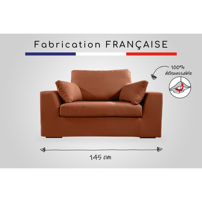 Fauteuil XL TRESSIN 145 cm fixe tissu coton Terracotta - 100% déhoussable - Fab. France