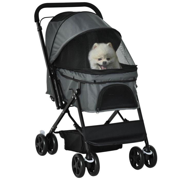 Cochecito para Mascotas Plegable Carrito para Perros Gatos con Toldo Ajustable Cesta de Almacenaje Correas de Seguridad y Frenos Tela Oxford 600D Acero 76,5x52x95 cm Gris