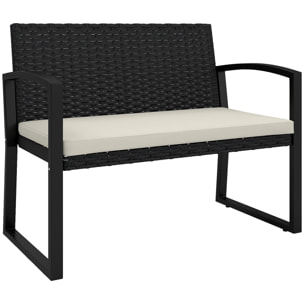 Banco de Jardín de Ratán Sintético de 2 Plazas Banco de Exterior con Cojín y Reposabrazos Carga 240 kg para Terraza Patio 103x58x78 cm Negro y Beige