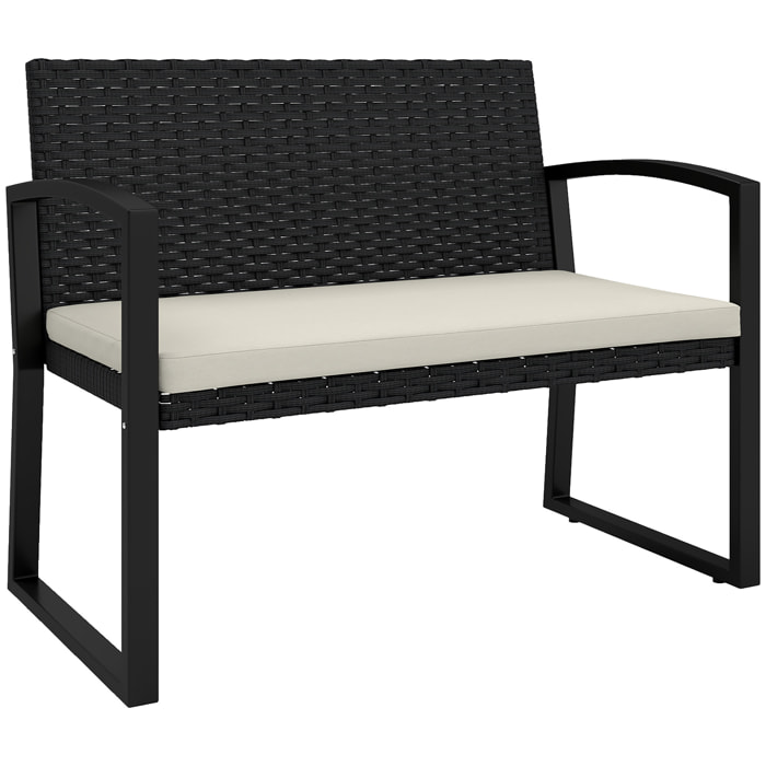 Banco de Jardín de Ratán Sintético de 2 Plazas Banco de Exterior con Cojín y Reposabrazos Carga 240 kg para Terraza Patio 103x58x78 cm Negro y Beige