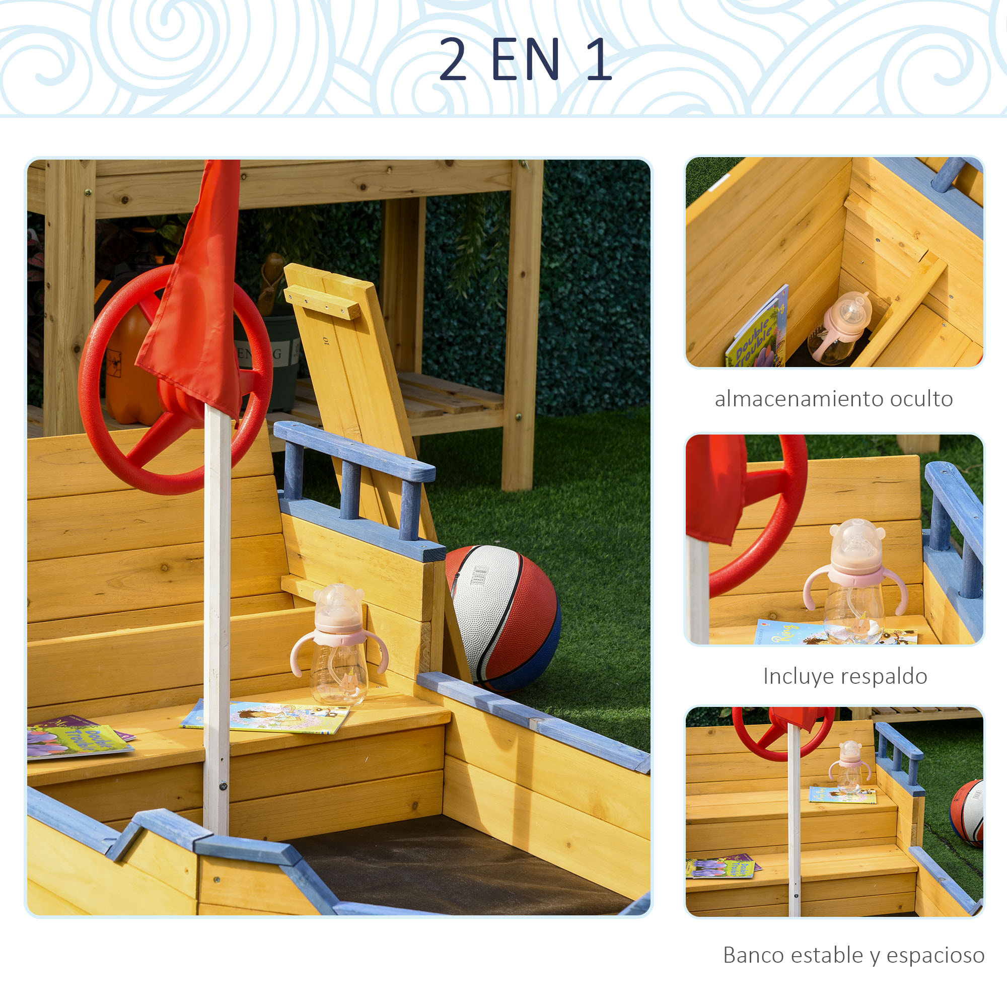 Arenero Infantil de Madera Diseño de Galeón con 2 Escalones Banco con Almacenaje Bandera y Timón Cajón de Arena de Jardín para Niños de +3 Años 158x78x45,5 cm Natural