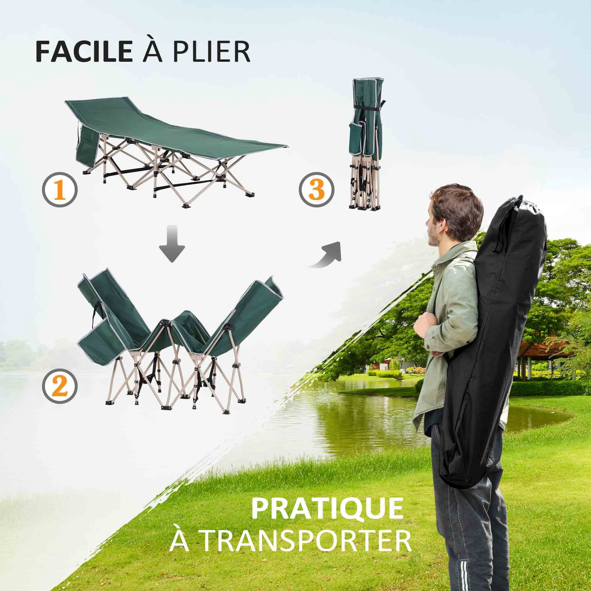 Lit de camp camping pliable 190 x 68 x 52 cm max. 150 Kg sac transport inclus acier oxford vert