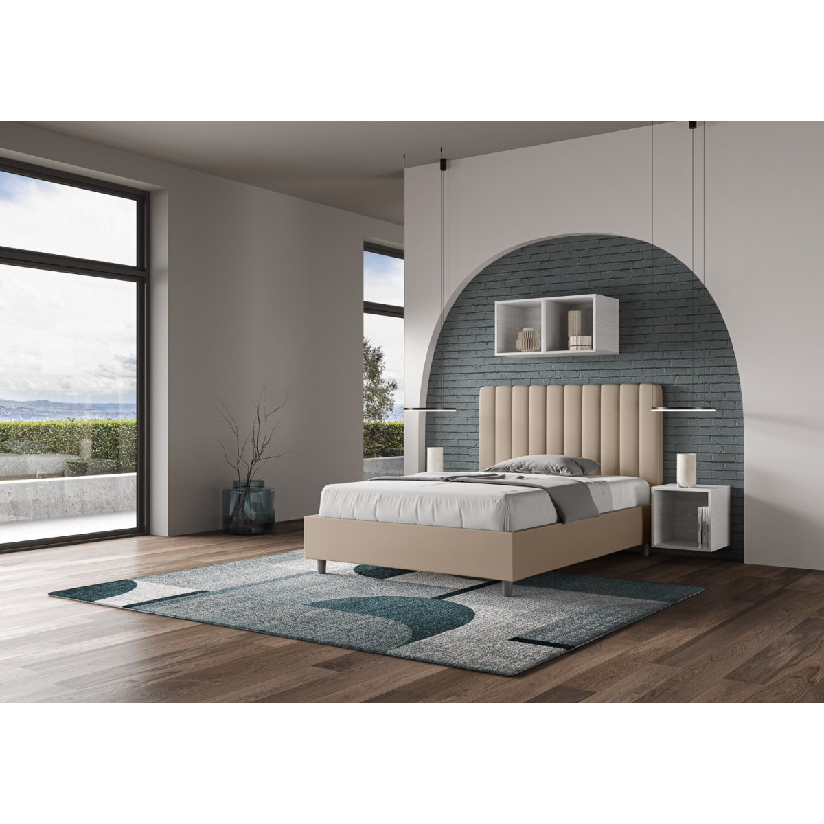 Letto una piazza e mezza contenitore imbottito 120x190 similpelle tortora Agueda