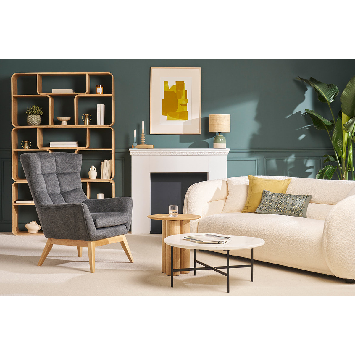 Fauteuil scandinave en tissu effet velours texturé gris foncé et bois clair BRODY